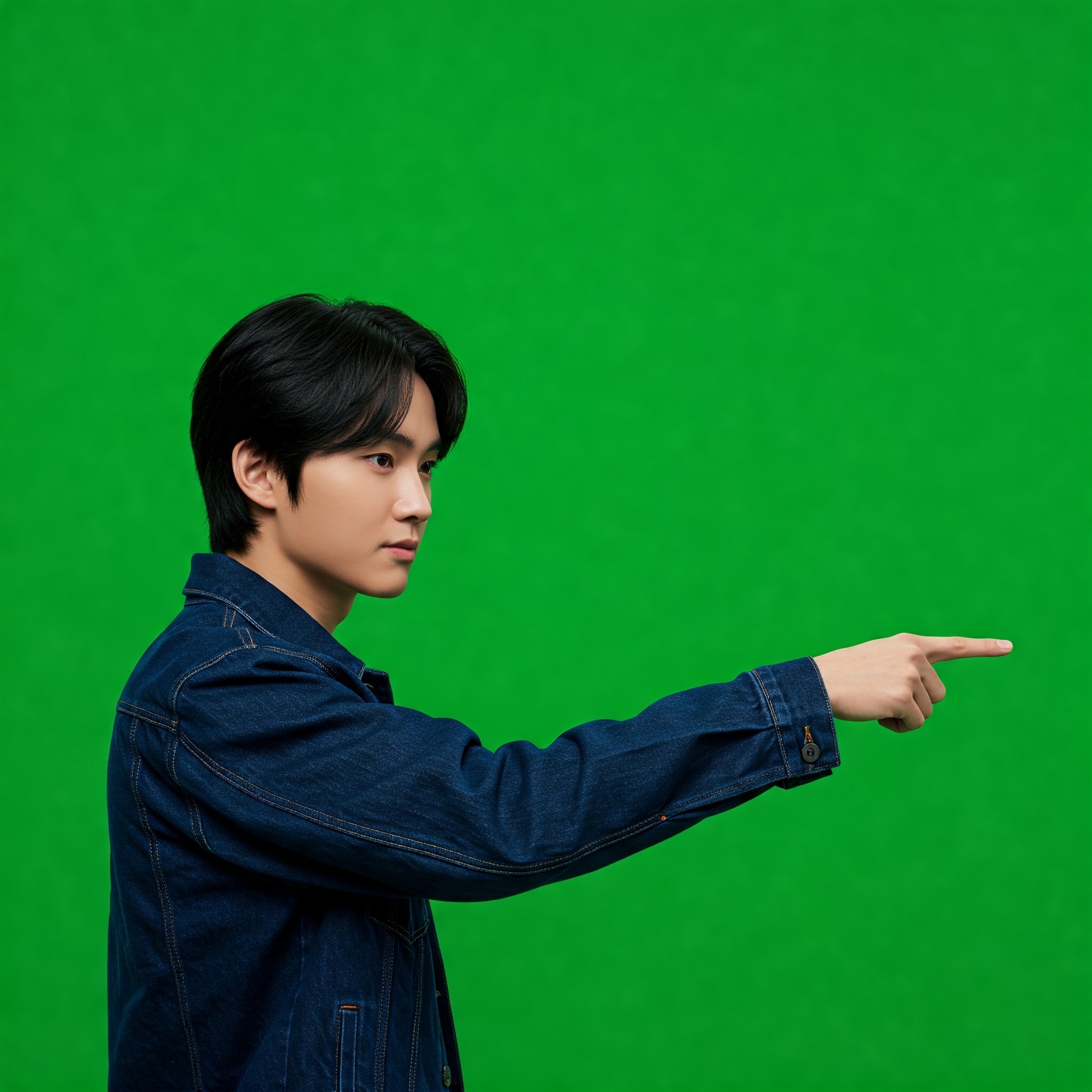 photo of Young Man in Denim Jacket Pointing Right Against Green Screen